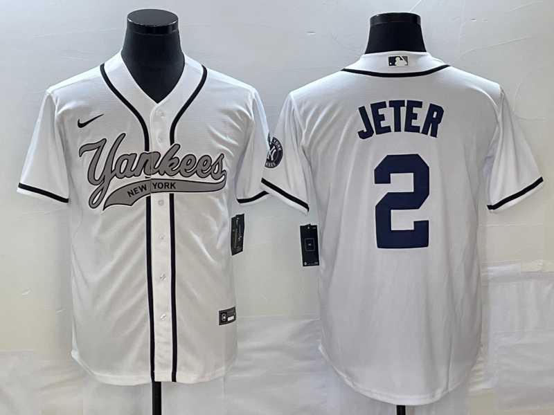 Men%27s New York Yankees #2 Derek Jeter White Cool Base Stitched Baseball Jersey